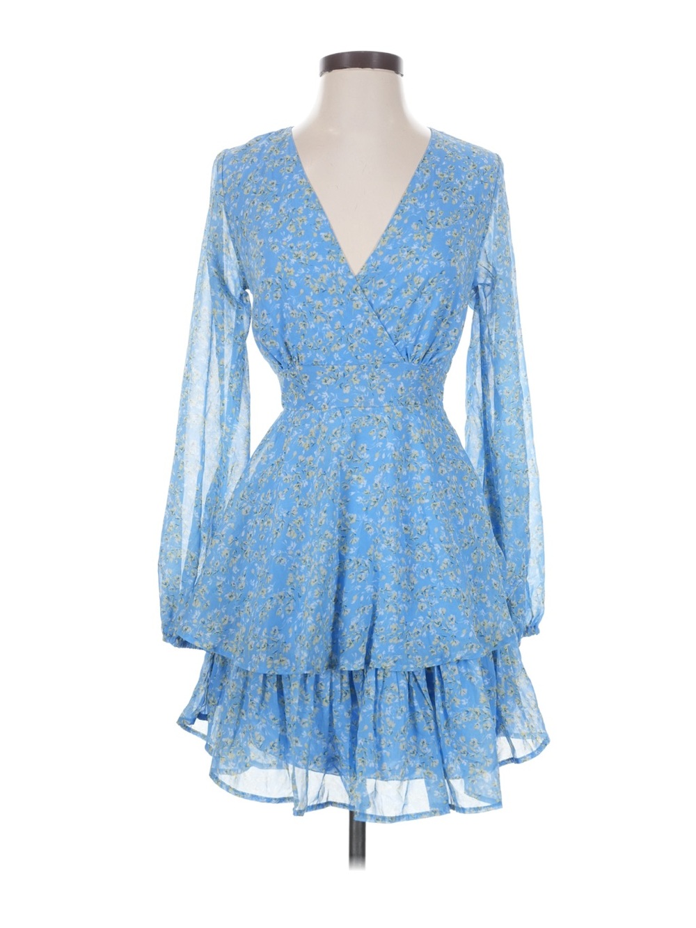 Japna Blue Floral Wrap Long Sleeve Dress